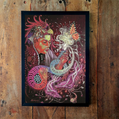 Quadro emoldurado com pintura em tons de magenta e rosa de uma figura com plumas e conchas espiraladas, sobre fundo escuro.