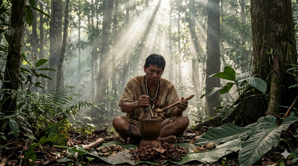 Pajé preparando rapé no pilão, com folhas de tabaco e cinzas, na floresta