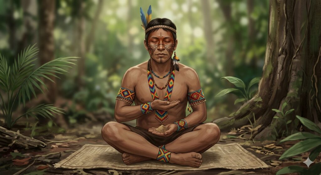 Homem indígena em meditação segurando rapé nas mãos