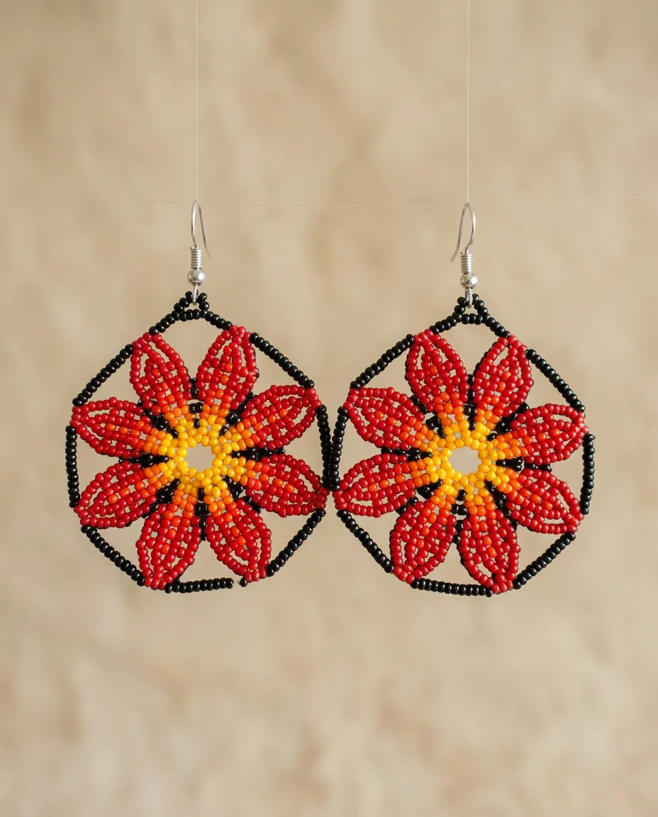 Par de brincos indígenas de missangas em flor vermelha e laranja com moldura hexagonal preta, suspensos lado a lado sobre fundo areia.