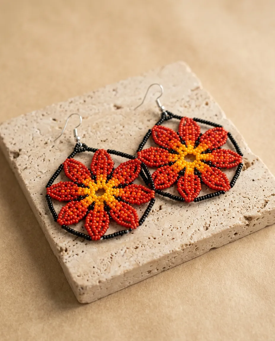 Par de brincos indígenas de missangas em flor vermelha e laranja com moldura hexagonal preta, apoiado sobre uma pedra de travertino clara.