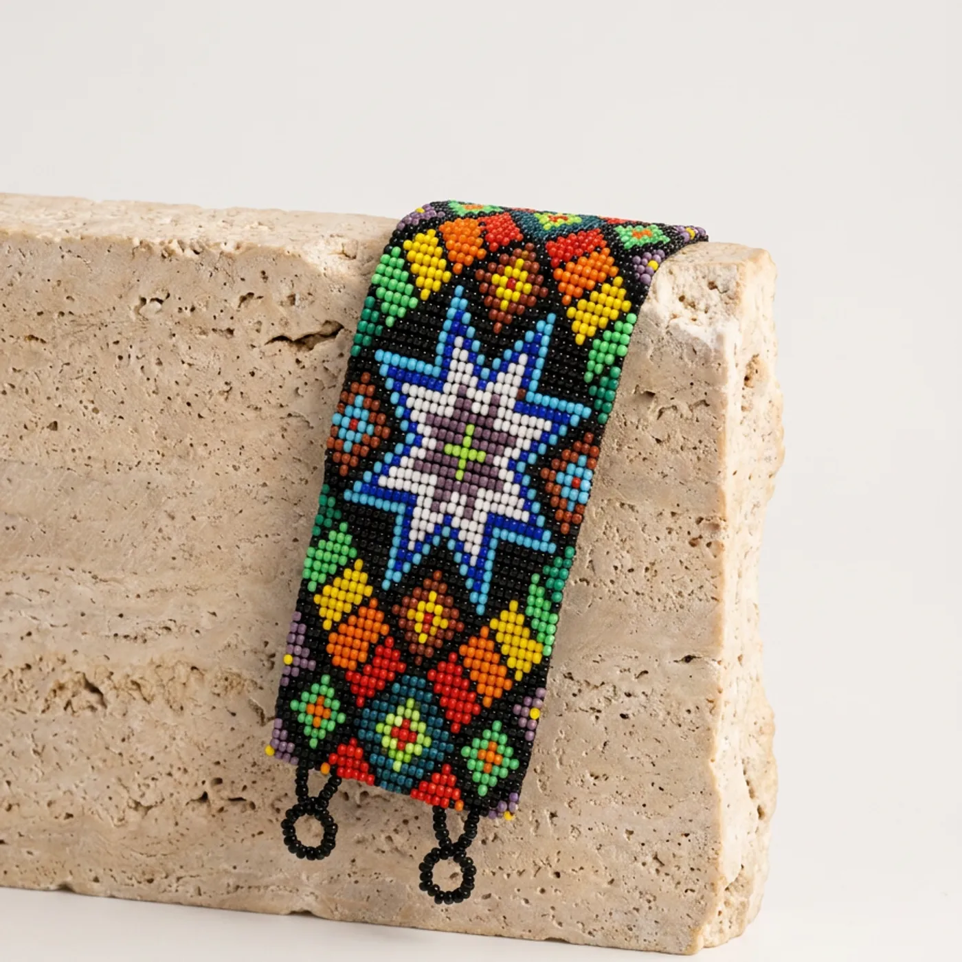 Pulseira indígena de miçanga Wixarica Estrela Cósmica, estrela branca de oito pontas sobre base preta multicolorida, apoiada em bloco de travertino