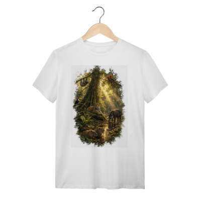 Camiseta branca Clareira Encantada com onça-pintada, capivara, tucano e arara em uma clareira amazônica