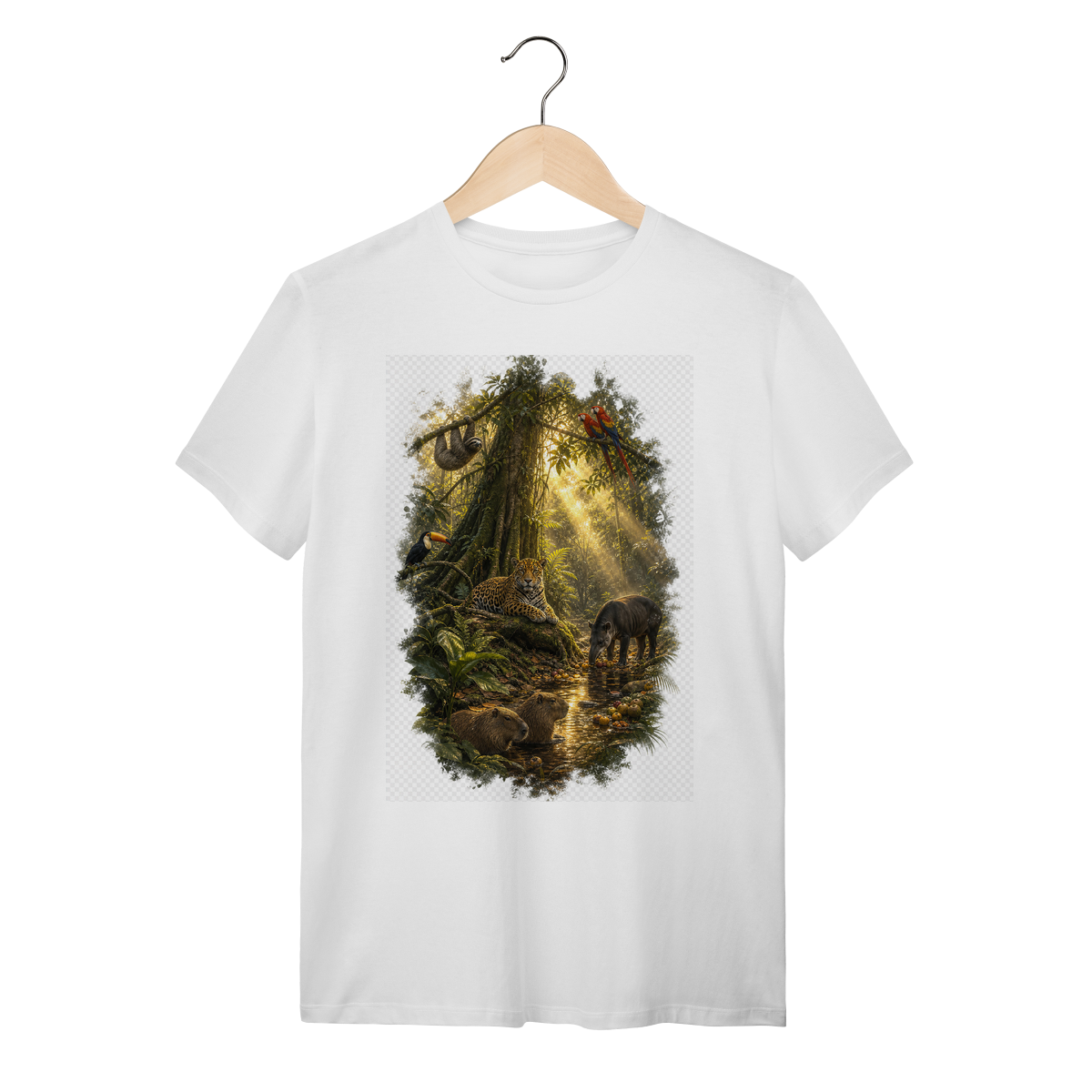 Camiseta branca Clareira Encantada com onça-pintada, capivara, tucano e arara em uma clareira amazônica