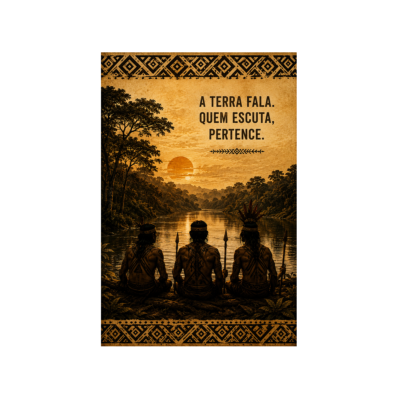 Quadro A Terra Fala, três guardiões diante do rio amazônico, arte da Segredos da Floresta em 40 × 60 cm